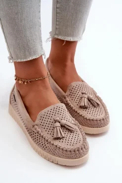 Damskie Boto Ażurowe Mokasyny Damskie Z Eko Zamszu Beżowe Tinami