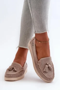 Damskie Boto Ażurowe Mokasyny Damskie Z Eko Zamszu Beżowe Tinami