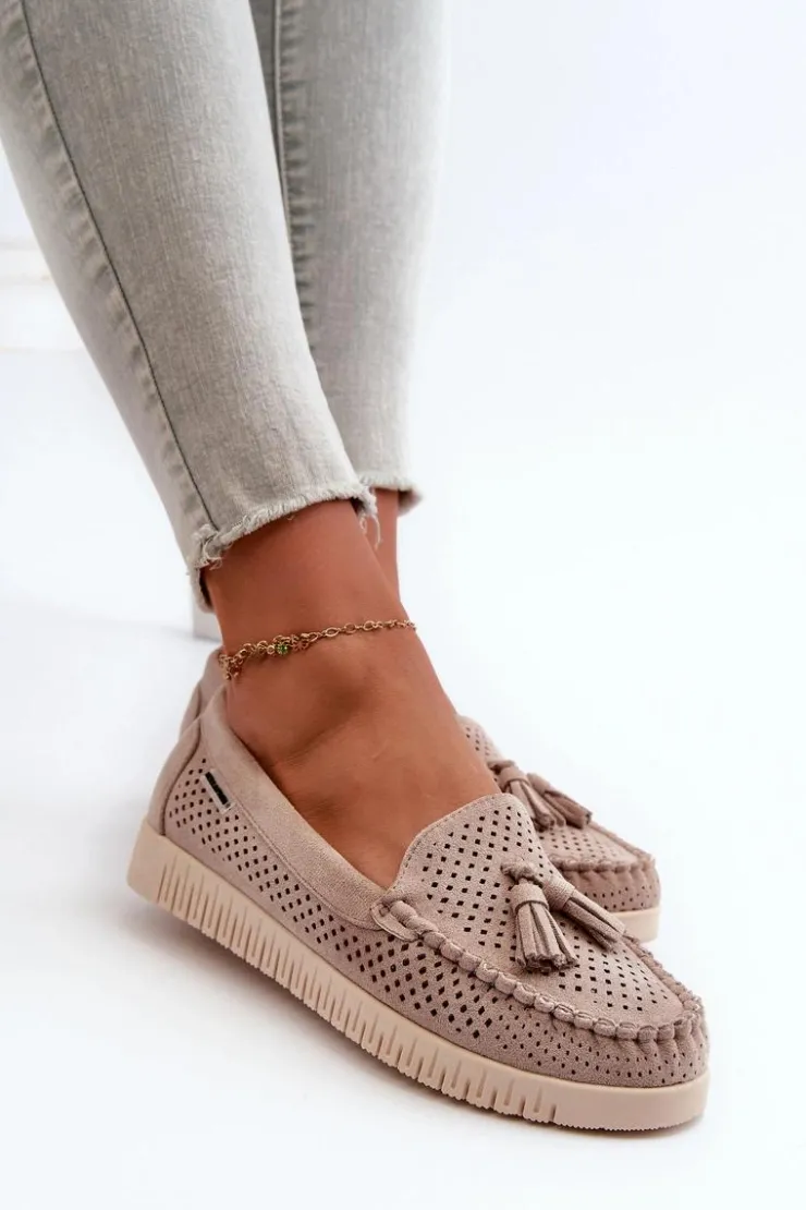 Damskie Boto Ażurowe Mokasyny Damskie Z Eko Zamszu Beżowe Tinami