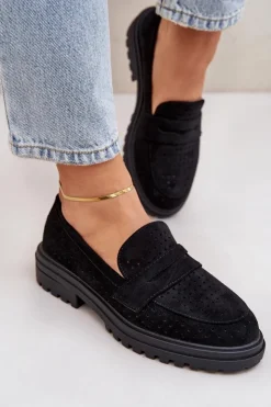 Boto Mokasyny Damskie Zamszowe*Ażurowe Mokasyny Na Płaskim Obcasie Czarne Inestelle