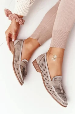 Buty Sergio Leone Mokasyny Damskie Zamszowe*Ażurowe Mokasyny Sergio Leone MK735 Beżowe