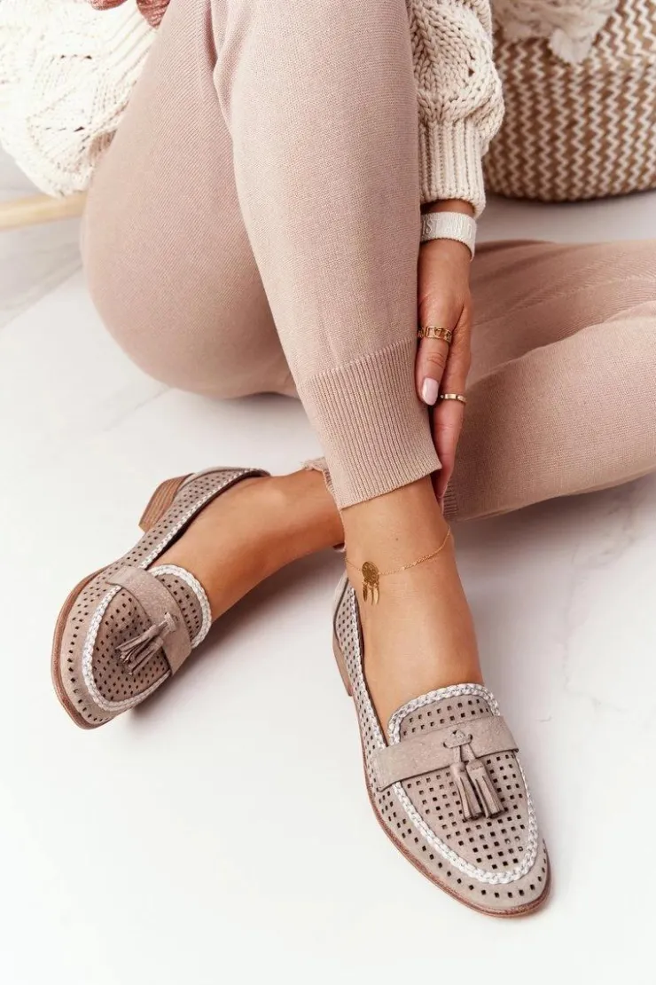 Buty Sergio Leone Mokasyny Damskie Zamszowe*Ażurowe Mokasyny Sergio Leone MK735 Beżowe