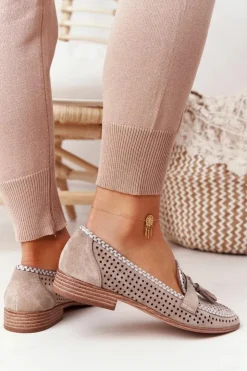 Buty Sergio Leone Mokasyny Damskie Zamszowe*Ażurowe Mokasyny Sergio Leone MK735 Beżowe