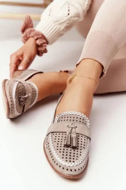 Buty Sergio Leone Mokasyny Damskie Zamszowe*Ażurowe Mokasyny Sergio Leone MK735 Beżowe