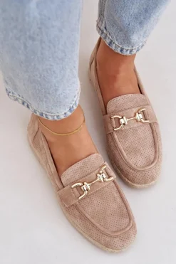 Discount Boto Ażurowe Mokasyny Ze Złotym Detalem I Jutową Plecionką Beżowe Lainer