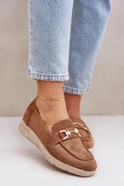 Damskie Boto Ażurowe Mokasyny Ze Złotym Detalem I Jutową Plecionką Brązowe Lainer