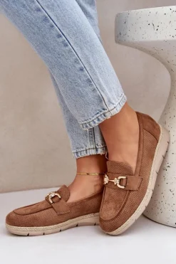 Damskie Boto Ażurowe Mokasyny Ze Złotym Detalem I Jutową Plecionką Brązowe Lainer