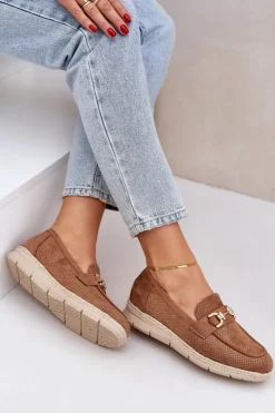 Damskie Boto Ażurowe Mokasyny Ze Złotym Detalem I Jutową Plecionką Brązowe Lainer