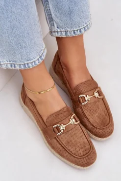 Damskie Boto Ażurowe Mokasyny Ze Złotym Detalem I Jutową Plecionką Brązowe Lainer