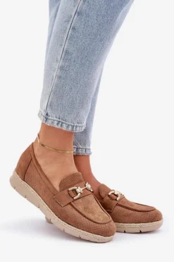 Damskie Boto Ażurowe Mokasyny Ze Złotym Detalem I Jutową Plecionką Brązowe Lainer