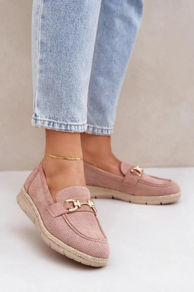 Boto Mokasyny Damskie Zamszowe*Ażurowe Mokasyny Ze Złotym Detalem I Jutową Plecionką Różowe Lainer Różowy