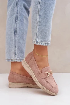 Boto Mokasyny Damskie Zamszowe*Ażurowe Mokasyny Ze Złotym Detalem I Jutową Plecionką Różowe Lainer Różowy