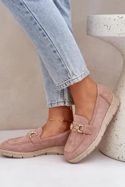 Boto Mokasyny Damskie Zamszowe*Ażurowe Mokasyny Ze Złotym Detalem I Jutową Plecionką Różowe Lainer Różowy