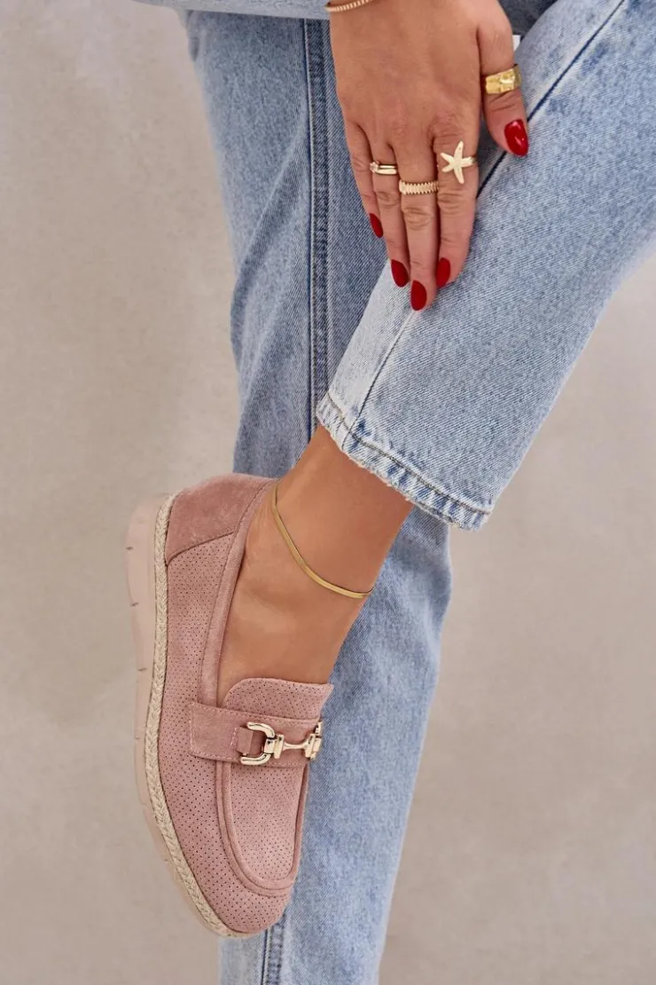 Boto Mokasyny Damskie Zamszowe*Ażurowe Mokasyny Ze Złotym Detalem I Jutową Plecionką Różowe Lainer Różowy