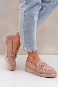 Boto Mokasyny Damskie Zamszowe*Ażurowe Mokasyny Ze Złotym Detalem I Jutową Plecionką Różowe Lainer Różowy