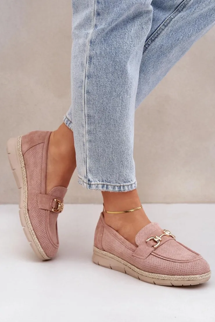 Boto Mokasyny Damskie Zamszowe*Ażurowe Mokasyny Ze Złotym Detalem I Jutową Plecionką Różowe Lainer Różowy