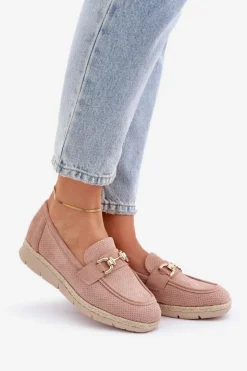 Boto Mokasyny Damskie Zamszowe*Ażurowe Mokasyny Ze Złotym Detalem I Jutową Plecionką Różowe Lainer Różowy