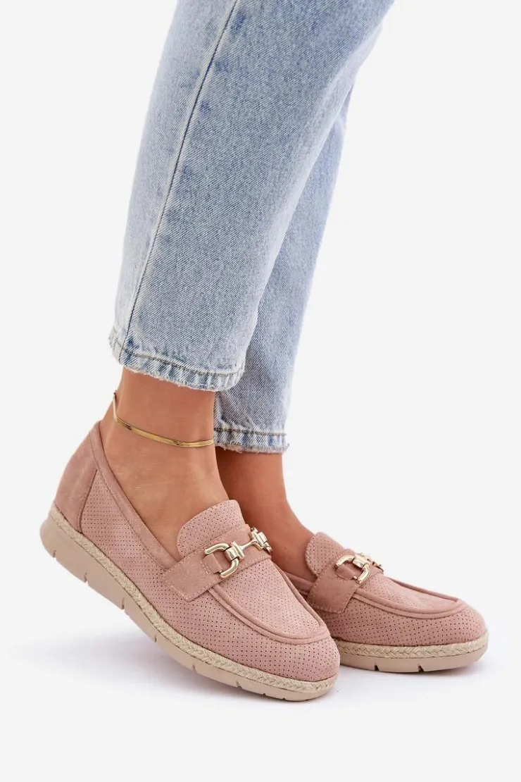 Boto Mokasyny Damskie Zamszowe*Ażurowe Mokasyny Ze Złotym Detalem I Jutową Plecionką Różowe Lainer Różowy