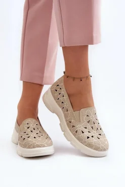 Evento Półbuty Skórzane*Ażurowe Półbuty Damskie Beżowe Emilei Beżowy