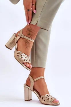 Damskie Buty Sergio Leone Ażurowe Sandałki Sergio Leone SK872 Beżowo-Złote