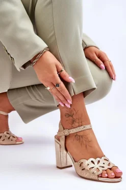 Damskie Buty Sergio Leone Ażurowe Sandałki Sergio Leone SK872 Beżowo-Złote