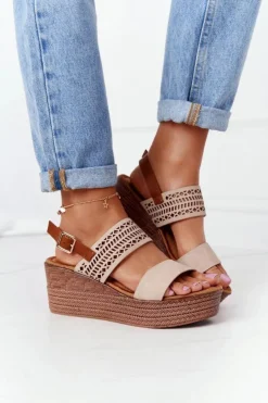 Clearance Damskie buty S.Barski Ażurowe Sandały Na Koturnie S.Barski GD-47 Beżowe