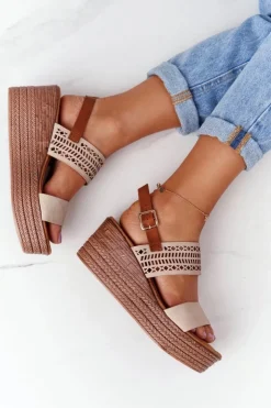 Clearance Damskie buty S.Barski Ażurowe Sandały Na Koturnie S.Barski GD-47 Beżowe