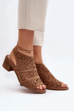 New Boto Ażurowe Sandały Na Obcasie Brązowe Serapina