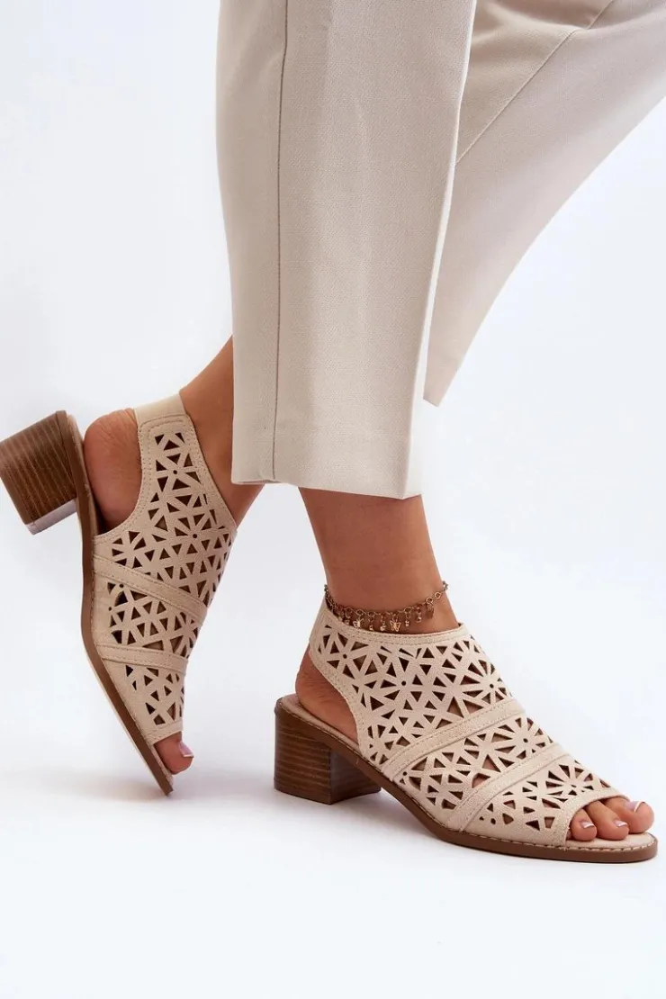 Damskie Boto Ażurowe Sandały Na Obcasie Beżowe Serapina