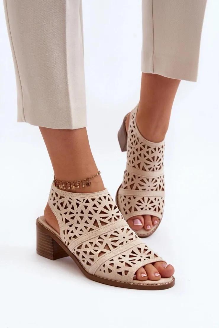 Damskie Boto Ażurowe Sandały Na Obcasie Beżowe Serapina