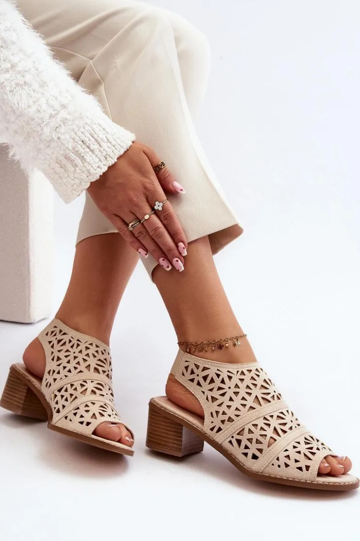 Damskie Boto Ażurowe Sandały Na Obcasie Beżowe Serapina