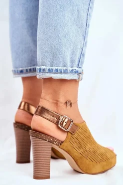 Buty Sergio Leone Sandały Ażurowe|Sandały Na Obcasie*Ażurowe Sandały Na Słupku Sergio Leone SK855 Żółte