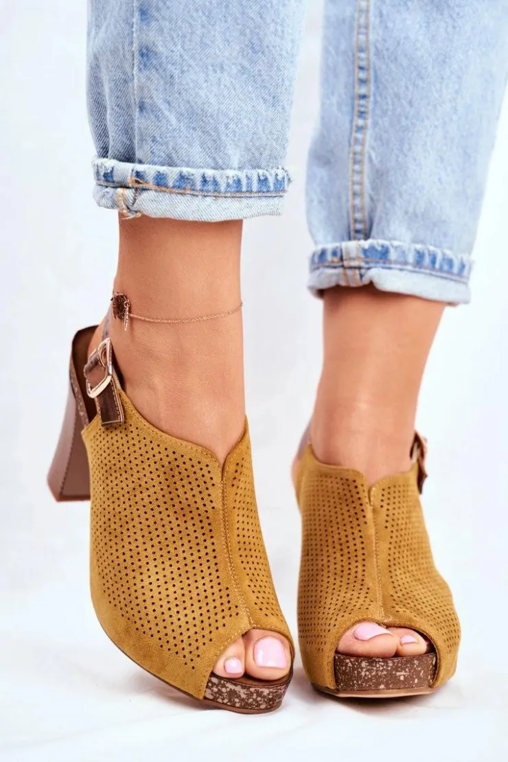 Buty Sergio Leone Sandały Ażurowe|Sandały Na Obcasie*Ażurowe Sandały Na Słupku Sergio Leone SK855 Żółte