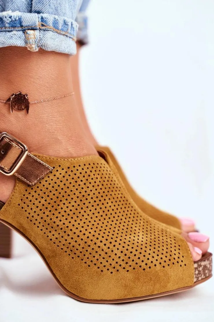 Buty Sergio Leone Sandały Ażurowe|Sandały Na Obcasie*Ażurowe Sandały Na Słupku Sergio Leone SK855 Żółte