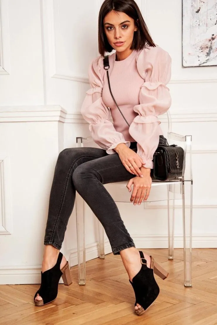 Damskie Buty Sergio Leone Ażurowe Sandały Na Słupku Sergio Leone SK855 Czarne