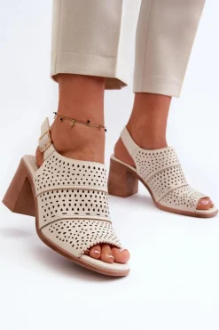 Buty Sergio Leone Sandały Ażurowe|Sandały Na Obcasie*Ażurowe Sandały Na Słupku Sergio Leone SK565 Jasnobeżowe