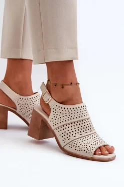 Buty Sergio Leone Sandały Ażurowe|Sandały Na Obcasie*Ażurowe Sandały Na Słupku Sergio Leone SK565 Jasnobeżowe