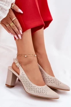 Damskie Buty Sergio Leone Ażurowe Sandały Ze Szpiczastymi Noskami Na Słupku Sergio Leone SK163 Beżowe