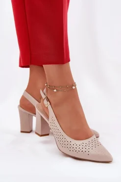 Damskie Buty Sergio Leone Ażurowe Sandały Ze Szpiczastymi Noskami Na Słupku Sergio Leone SK163 Beżowe