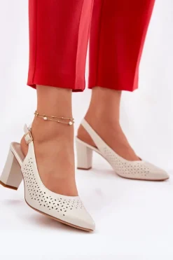 Buty Sergio Leone Sandały Na Słupku|Sandały Na Obcasie*Ażurowe Sandały Ze Szpiczastymi Noskami Na Słupku Sergio Leone SK163 Perłowe