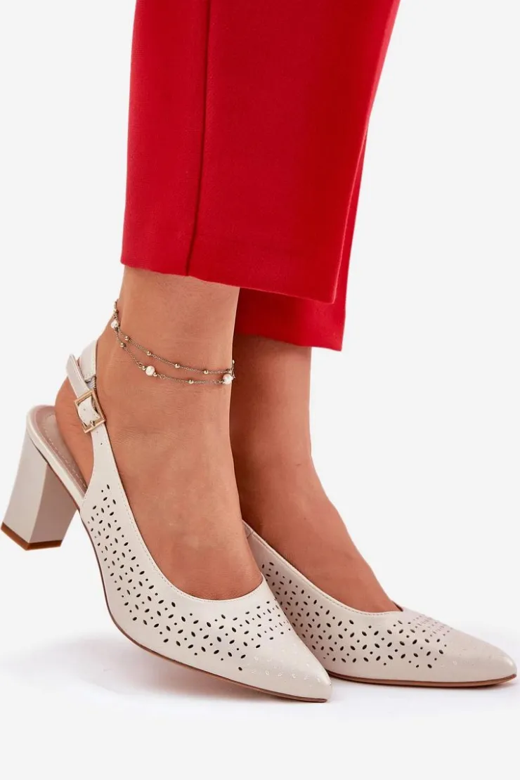 Buty Sergio Leone Sandały Na Słupku|Sandały Na Obcasie*Ażurowe Sandały Ze Szpiczastymi Noskami Na Słupku Sergio Leone SK163 Perłowe