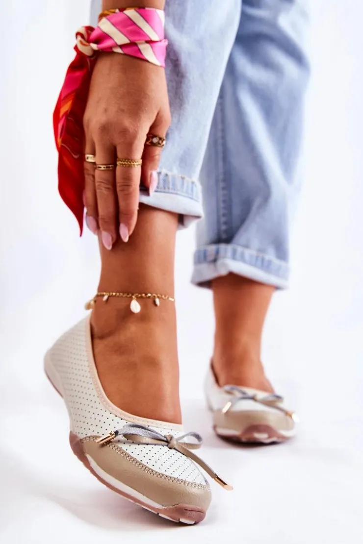 Damskie Evento Ażurowe Skórzane Baleriny Biało-Beżowe Erdola