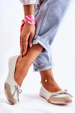 Damskie Evento Ażurowe Skórzane Baleriny Biało-Beżowe Erdola