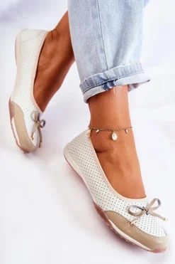Damskie Evento Ażurowe Skórzane Baleriny Biało-Beżowe Erdola