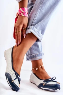 Sale Evento Ażurowe Skórzane Baleriny Biało-Granatowe Erdola