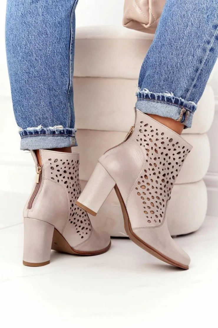 Online Boto Ażurowe Skórzane Botki Na Słupku Exquisite 1219 Cappuccino