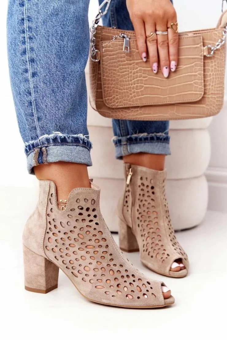 Boto Botki Wiosenne|Botki Na Słupku*Ażurowe Skórzane Botki Na Słupku Exquisite 1184 Beżowe