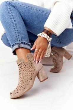 Boto Botki Wiosenne|Botki Na Słupku*Ażurowe Skórzane Botki Na Słupku Exquisite 1184 Beżowe