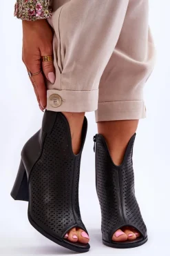 Boto Botki Na Słupku|Czarne Botki*Ażurowe Skórzane Botki Na Słupku Czarne Florina