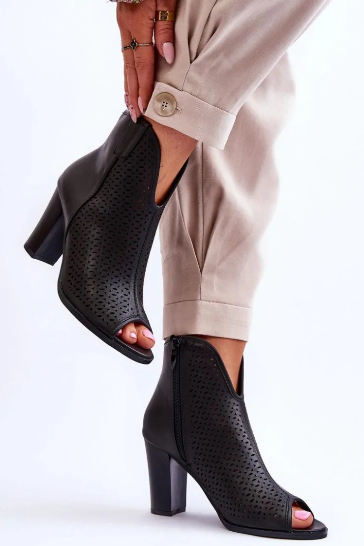 Boto Botki Na Słupku|Czarne Botki*Ażurowe Skórzane Botki Na Słupku Czarne Florina